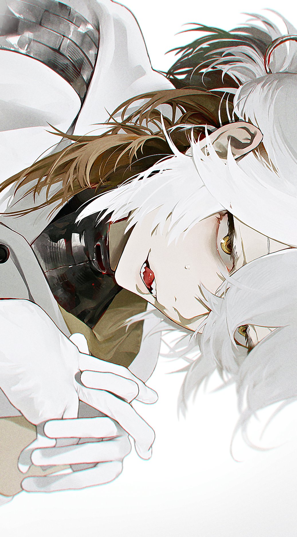 1other, brown_hair, duckchuni, gloves, hair_between_eyes, hands_up, highres, medicine_pocket