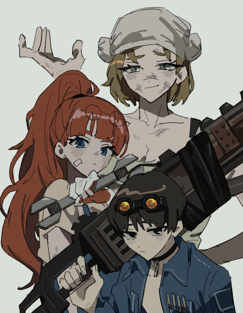 1boy, 2girls, absurdres, aqua_eyes, black_choker, blue_jacket, chainsaw, choker