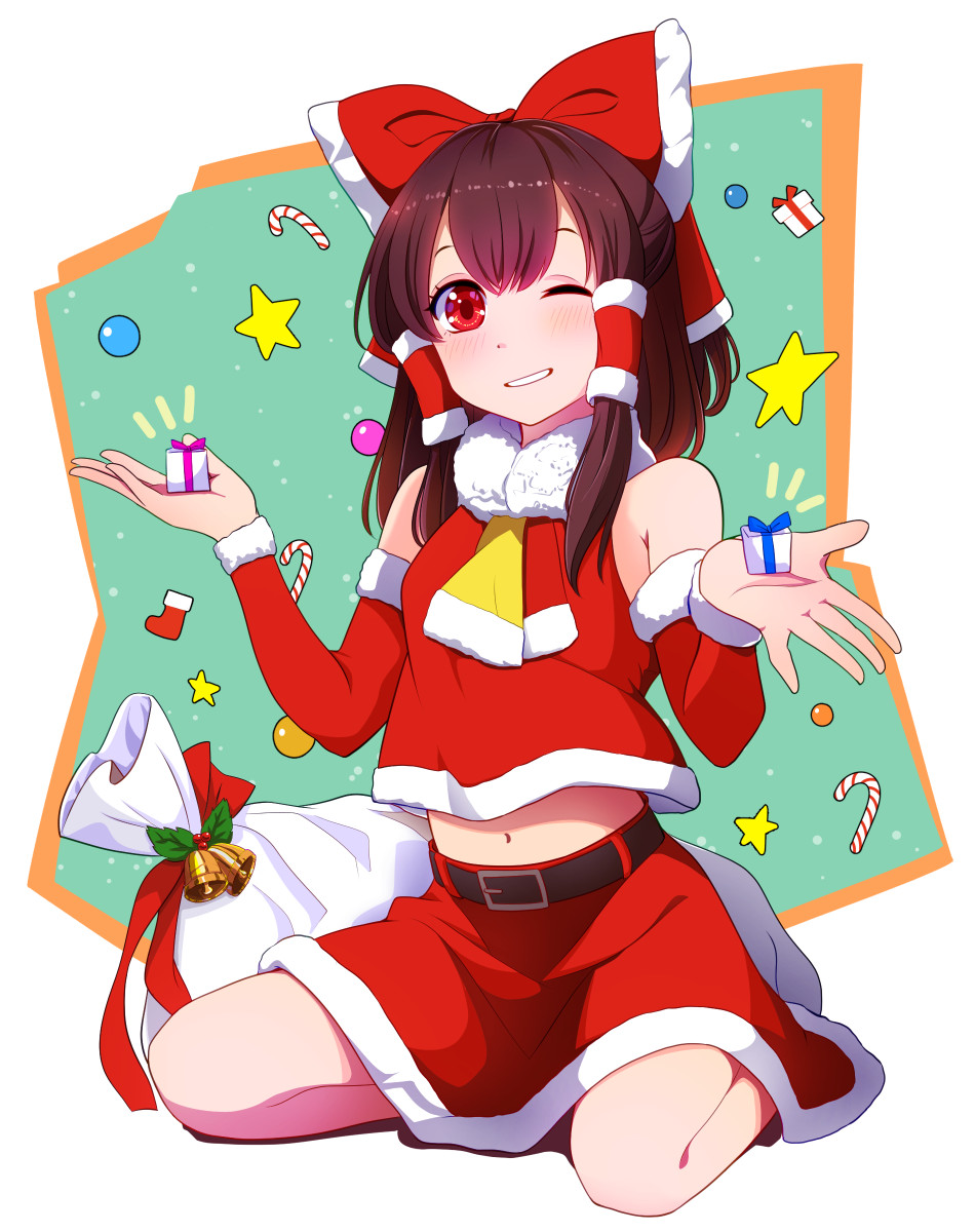1girl, ascot, bell, belt, bow, brown_belt, brown_hair, detached_sleeves, fur-trimmed_ascot, fur-trimmed_hair_tubes, fur-trimmed_shirt, fur-trimmed_skirt, fur-trimmed_sleeves, fur_trim, gift, grin, hair_bow, hair_tubes, hakurei_reimu, highres, holding, holding_gift, kisaragi_koushi, long_hair, long_sleeves, midriff, navel, one_eye_closed, red_bow, red_eyes, red_shirt, red_skirt, red_sleeves, sack, shirt, sidelocks, sitting, skirt, sleeveless, sleeveless_shirt, smile, solo, star_(symbol), touhou, wariza, yellow_ascot