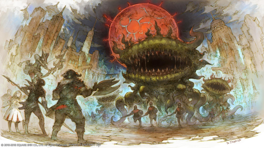 armor, artist_request, axe, bard_(final_fantasy), bow, city, dalamud_(moon), dragoon_(final_fantasy)