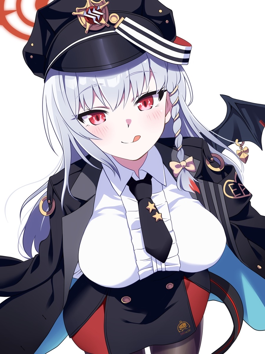 1girl, :q, black_headwear, black_skirt, black_tail, blue_archive, braid, breasts