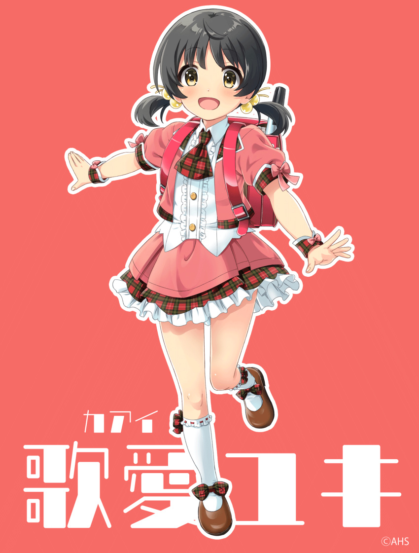 1girl, ah-software, ascot, backpack, bag, black_hair, blouse, brown_eyes