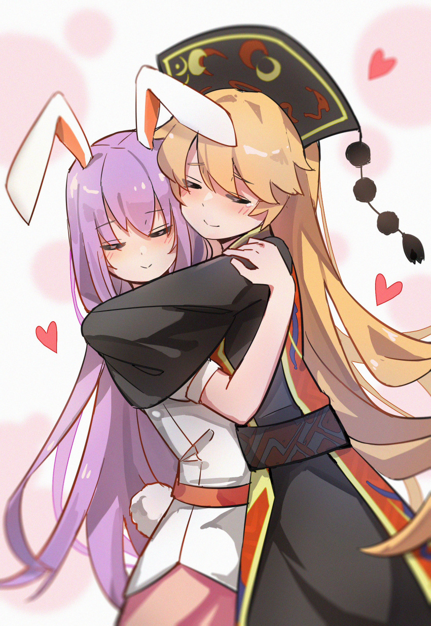 2girls, absurdres, animal_ears, blonde_hair, blush, chinese_clothes, closed_eyes, guming_diban, heart, highres, hug, junko_(touhou), long_hair, multiple_girls, phoenix_crown, purple_hair, rabbit_ears, rabbit_girl, rabbit_tail, reisen_udongein_inaba, simple_background, smile, tail, touhou, yuri