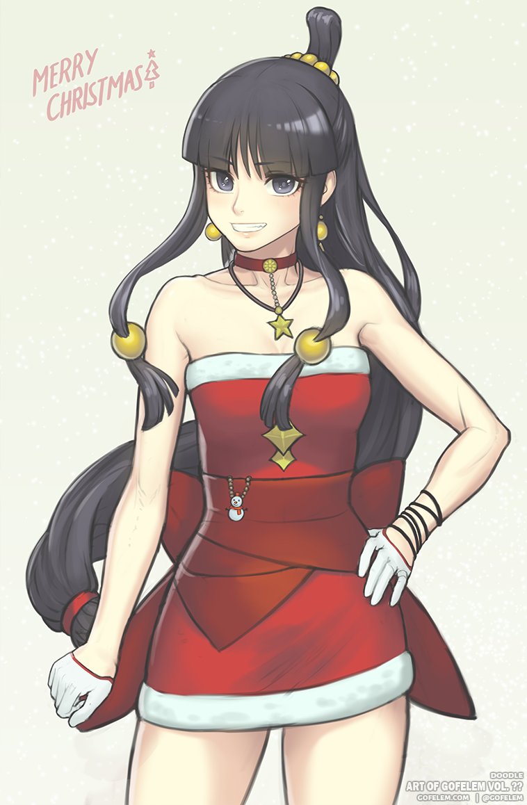 1girl, ace_attorney, bare_legs, black_hair, blush, christmas, dress, gloves