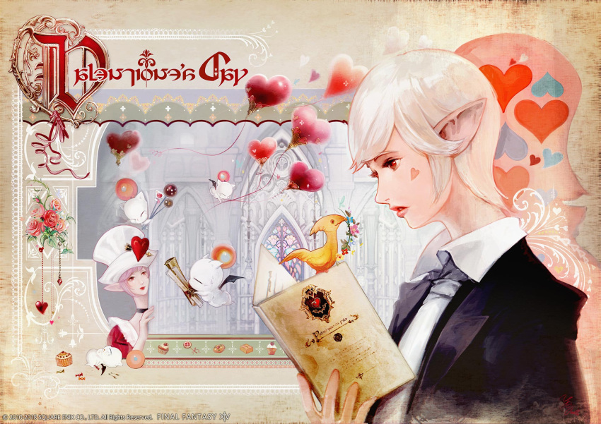 2girls, artist_request, astrid_de_valentione, book, chocobo, closed_mouth, elezen, elf, facial_mark, final_fantasy, final_fantasy_xiv, hat, heart, heart_facial_mark, highres, holding, holding_book, lisette_de_valentione, moogle, multiple_girls, official_art, parted_lips, pointy_ears, red_eyes, short_hair, white_hair