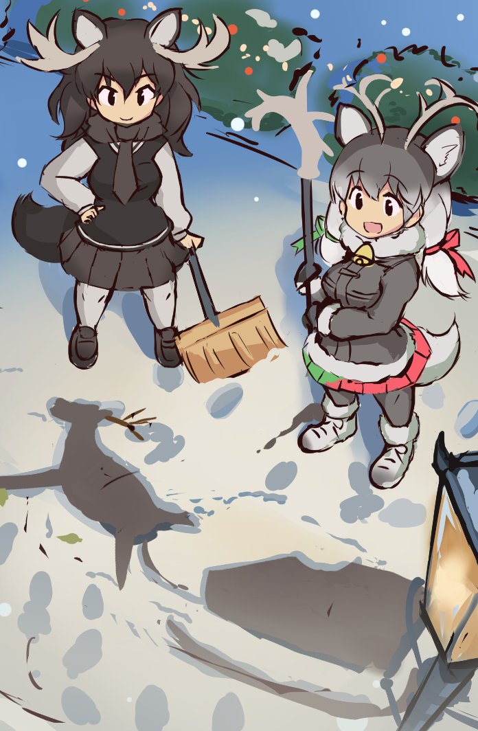 2girls, animal_ears, antlers, bell, bow, brown-eared_bulbul, brown_coat, brown_hair