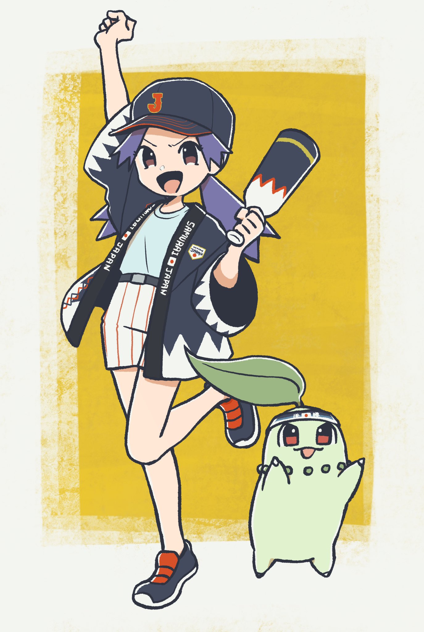 1girl, baseball_cap, casey_(pokemon), chikorita, door_scope, hat, highres, holding