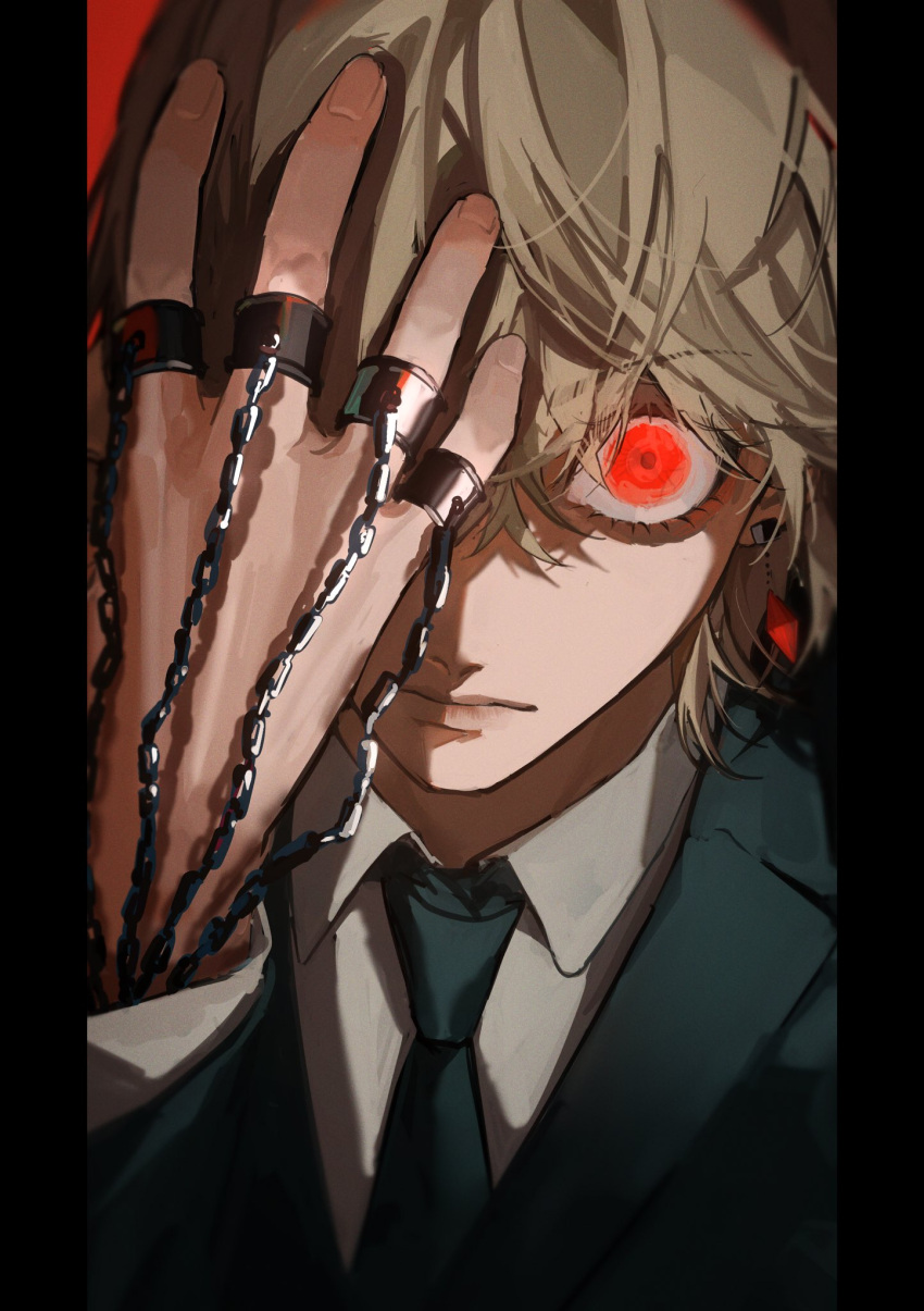 1boy, black_jacket, black_necktie, blonde_hair, chain, closed_mouth, collared_shirt, hand_in_own_hair