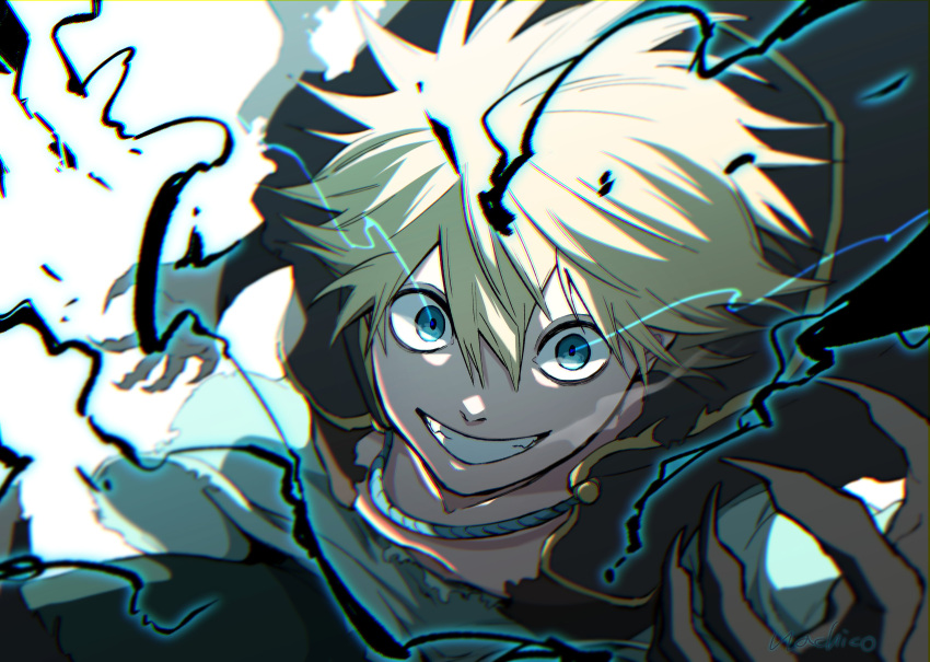 1boy, absurdres, artist_name, black_capelet, black_clover, blonde_hair, capelet, claws, energy, green_eyes, green_shirt, highres, looking_at_viewer, luck_voltia, male_focus, nac_tw, open_mouth, shirt, short_hair, smile, solo, white_background