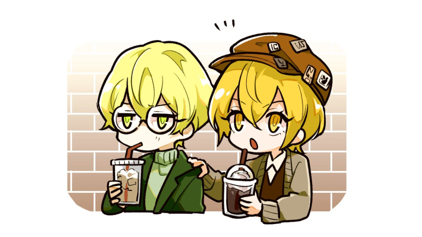 1boy, 1girl, blonde_hair, chibi, don_quixote_(project_moon), drinking, drinking_straw, glasses, jacket, lcwy4149, limbus_company, open_mouth, project_moon, short_hair, sinclair_(project_moon), sweater, upper_body, vest, yellow_eyes