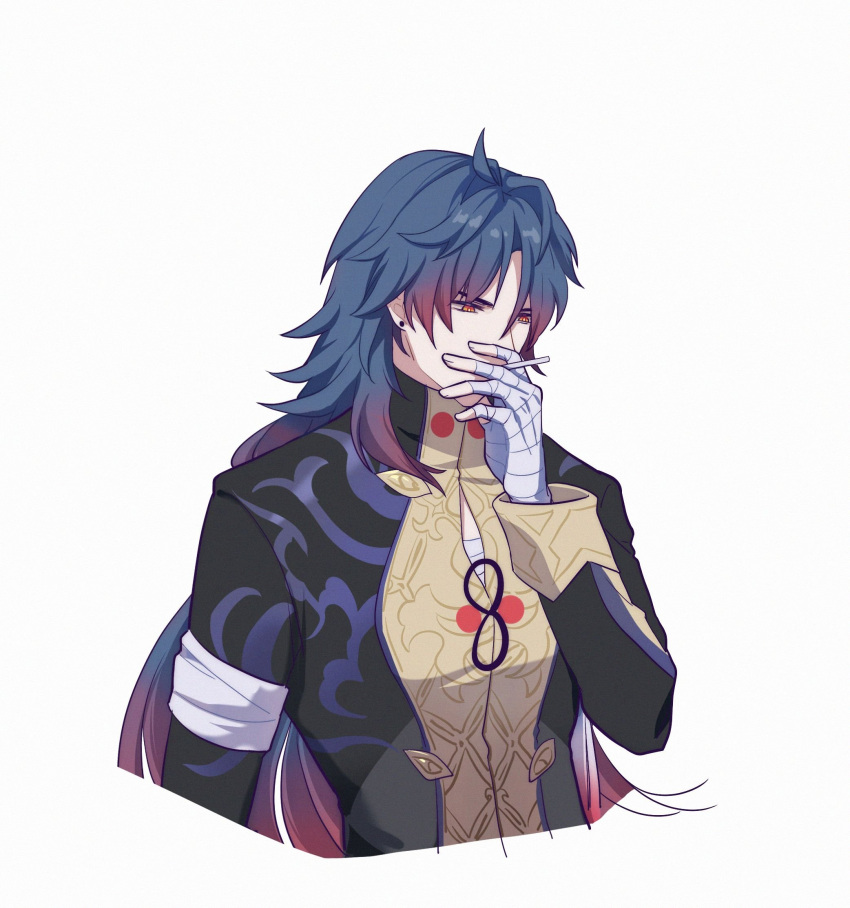 1boy, ahoge, arm_at_side, bandaged_arm, bandaged_hand, bandages, bandages_over_clothes, black_jacket