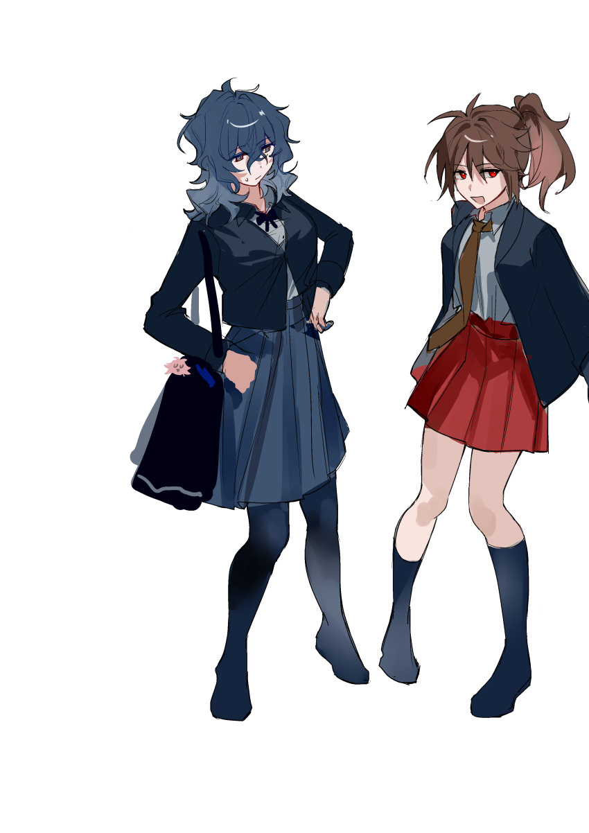 2girls, absurdres, black_bag, black_pantyhose, black_ribbon, black_socks, blue_eyes, blue_hair