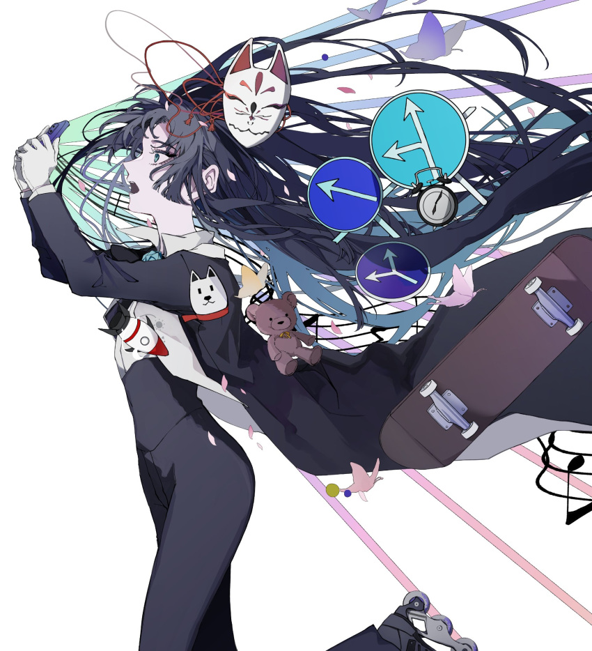 1girl, ado_(utaite), alarm_clock, black_bow, black_bowtie, black_coat, black_hair, blue_eyes