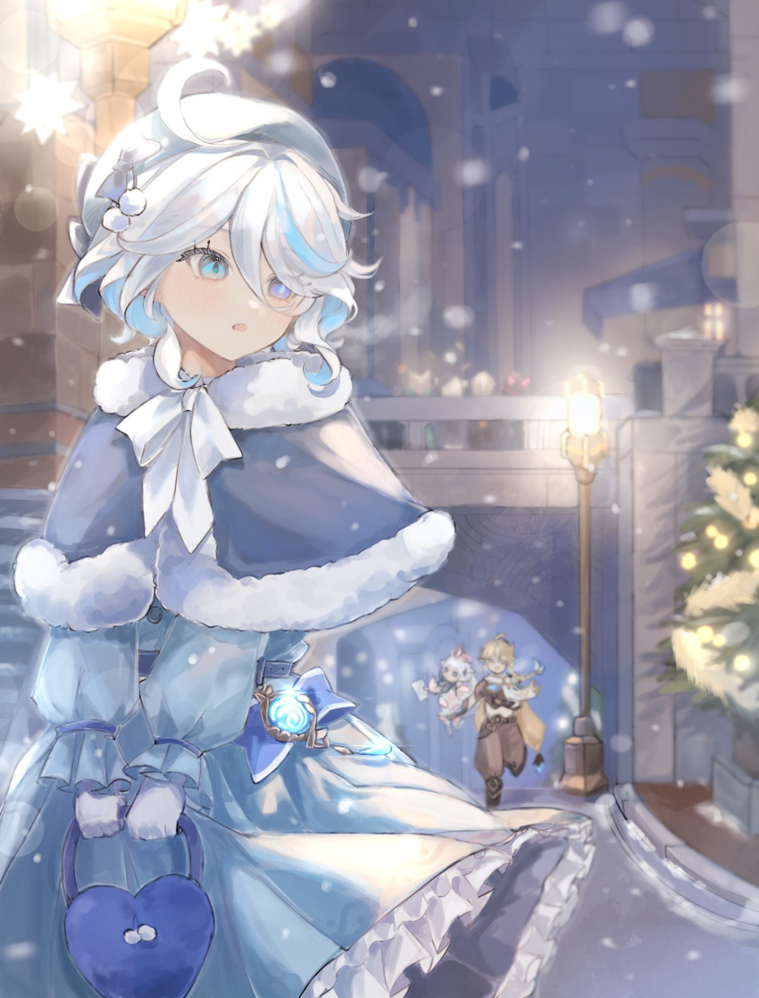 1boy, 2girls, aether_(genshin_impact), alternate_costume, aroha252538, blonde_hair, blue_bow, blue_dress, blue_eyes, blue_hair, blush, bow, capelet, cowboy_shot, dress, envelope, floating, frilled_dress, frills, fur-trimmed_capelet, fur_trim, furina_(genshin_impact), genshin_impact, gloves, glowing, highres, holding, holding_envelope, hydro_symbol_(genshin_impact), lamppost, long_sleeves, multicolored_hair, multiple_girls, open_mouth, paimon_(genshin_impact), puffy_long_sleeves, puffy_sleeves, short_hair, snowing, solo_focus, white_bow, white_gloves, white_hair