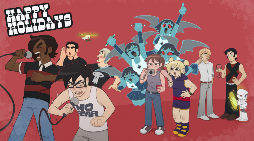 1other, 6+boys, 6+girls, beard_stubble, black_eyes, black_hair, blonde_hair, blue_skin