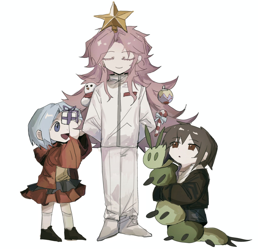 1girl, 2boys, arms_behind_back, black_jacket, blue_eyes, blue_hair, brown_eyes, brown_hair