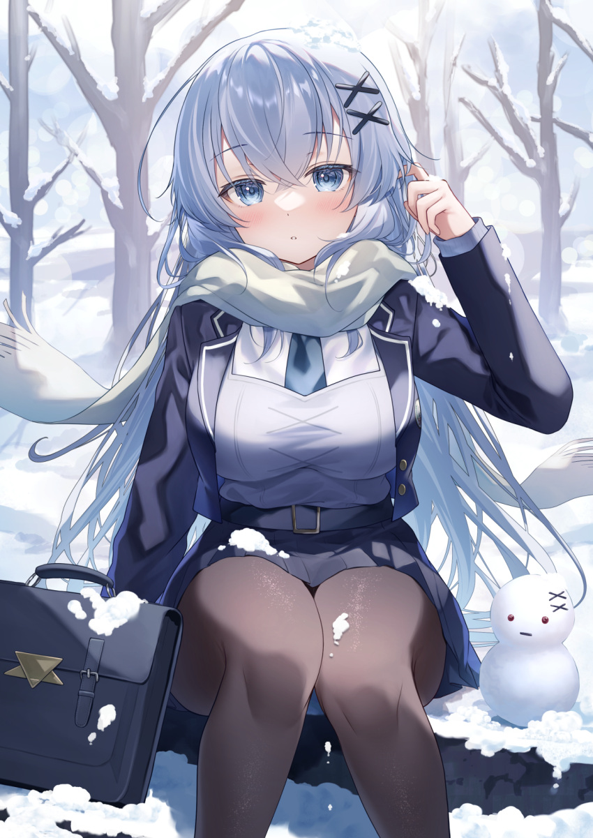 1girl, bag, black_bag, black_pantyhose, blue_coat, blue_eyes, blue_hair, blue_necktie
