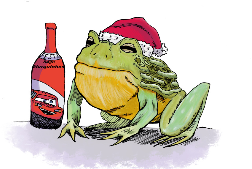 absurdres, bullfrog, frog, hat, highres, lightning_mcqueen, non-web_source, santa_hat