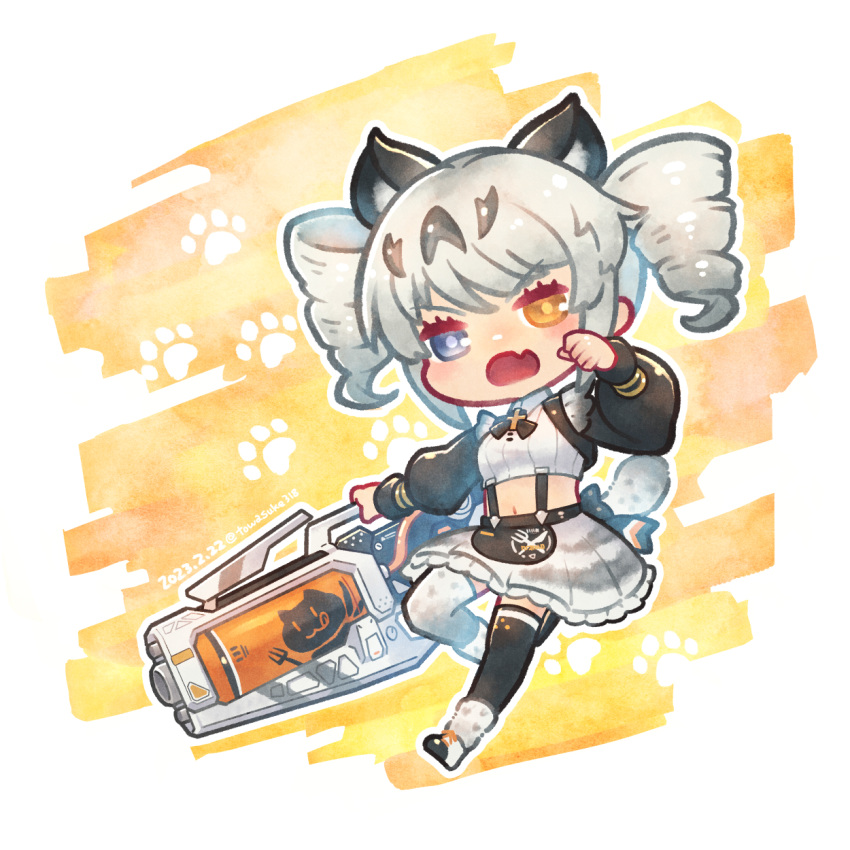 1girl, animal_ears, asymmetrical_legwear, black_sleeves, black_thighhighs, chibi, drill_hair, fang