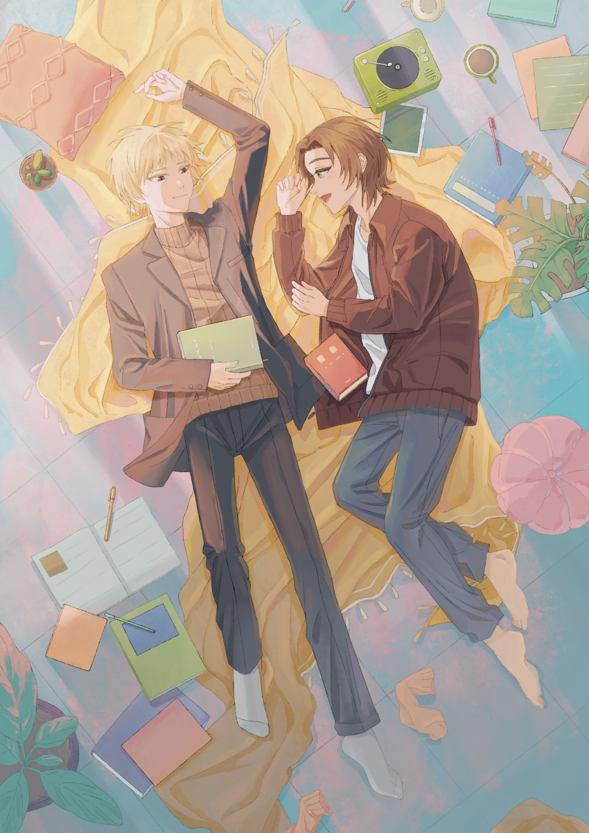 2boys, absurdres, atou_haruki, barefoot, blanket, blonde_hair, blue_pants, book