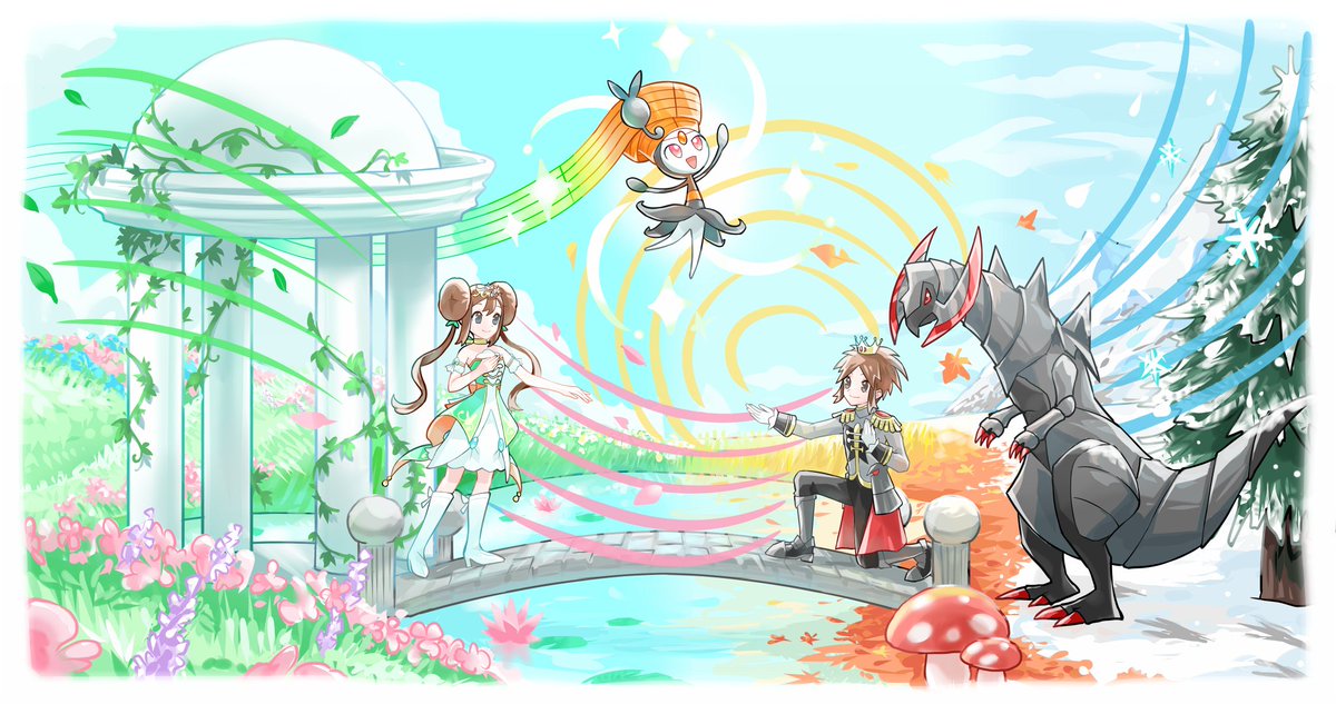 1boy, 1girl, alternate_color, bare_shoulders, blue_sky, boots, bridge, brown_eyes