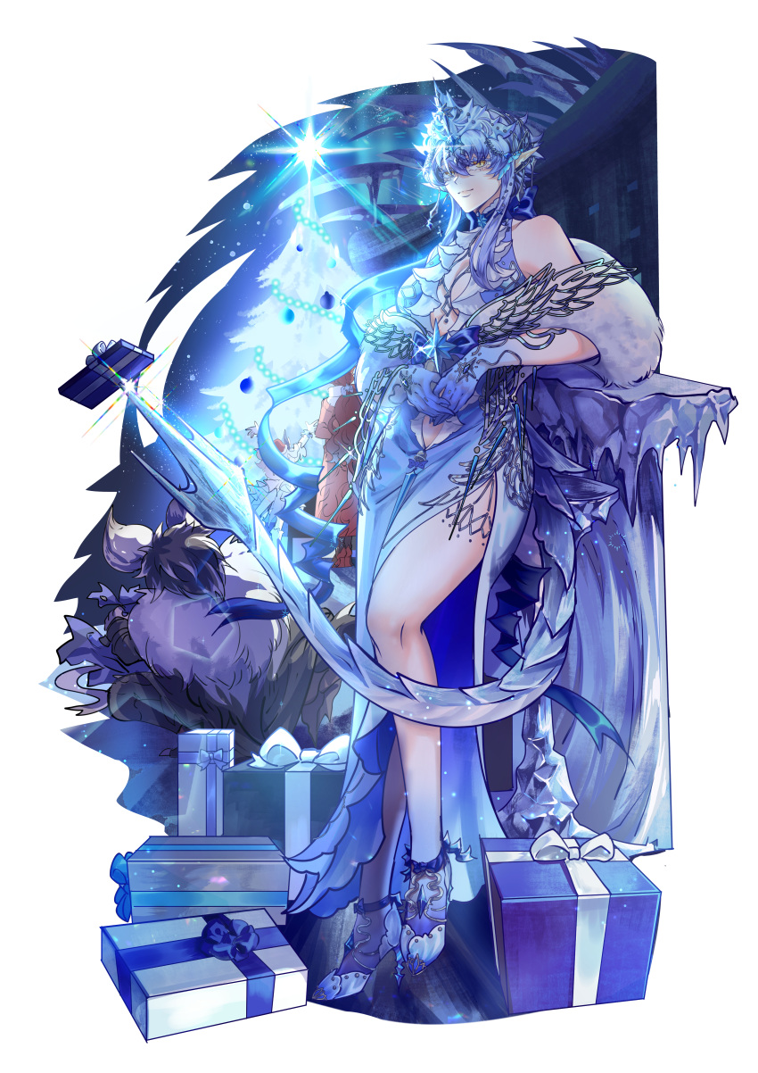 1boy, 2girls, 3girls, absurdres, armlet, arms_up, blue_dress, blue_hair