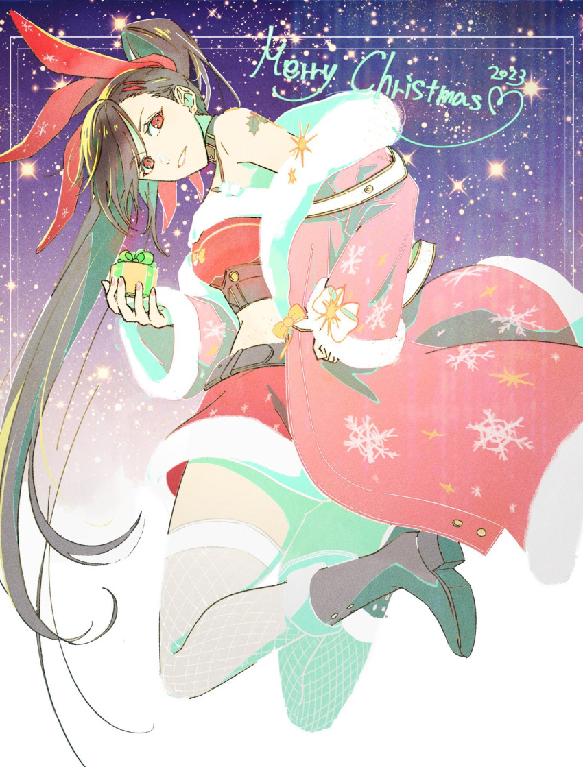 1girl, 2023, alternate_costume, black_footwear, black_hair, boots, box, christmas