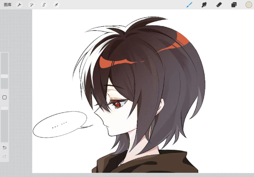 ..., 1boy, art_program_in_frame, closed_mouth, colored_eyelashes, hair_between_eyes, hood, hood_down, hoodie, isoi_haruki, male_focus, pale_skin, profile, red_eyes, saibou_shinkyoku, sanwei16909, short_hair, solo, speech_bubble, spoken_ellipsis