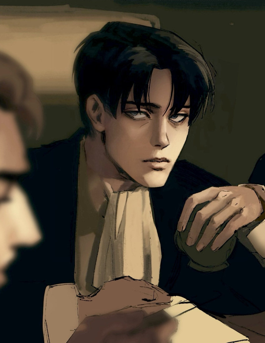 2boys, ascot, black_eyes, black_hair, character_request, closed_mouth, cup, highres