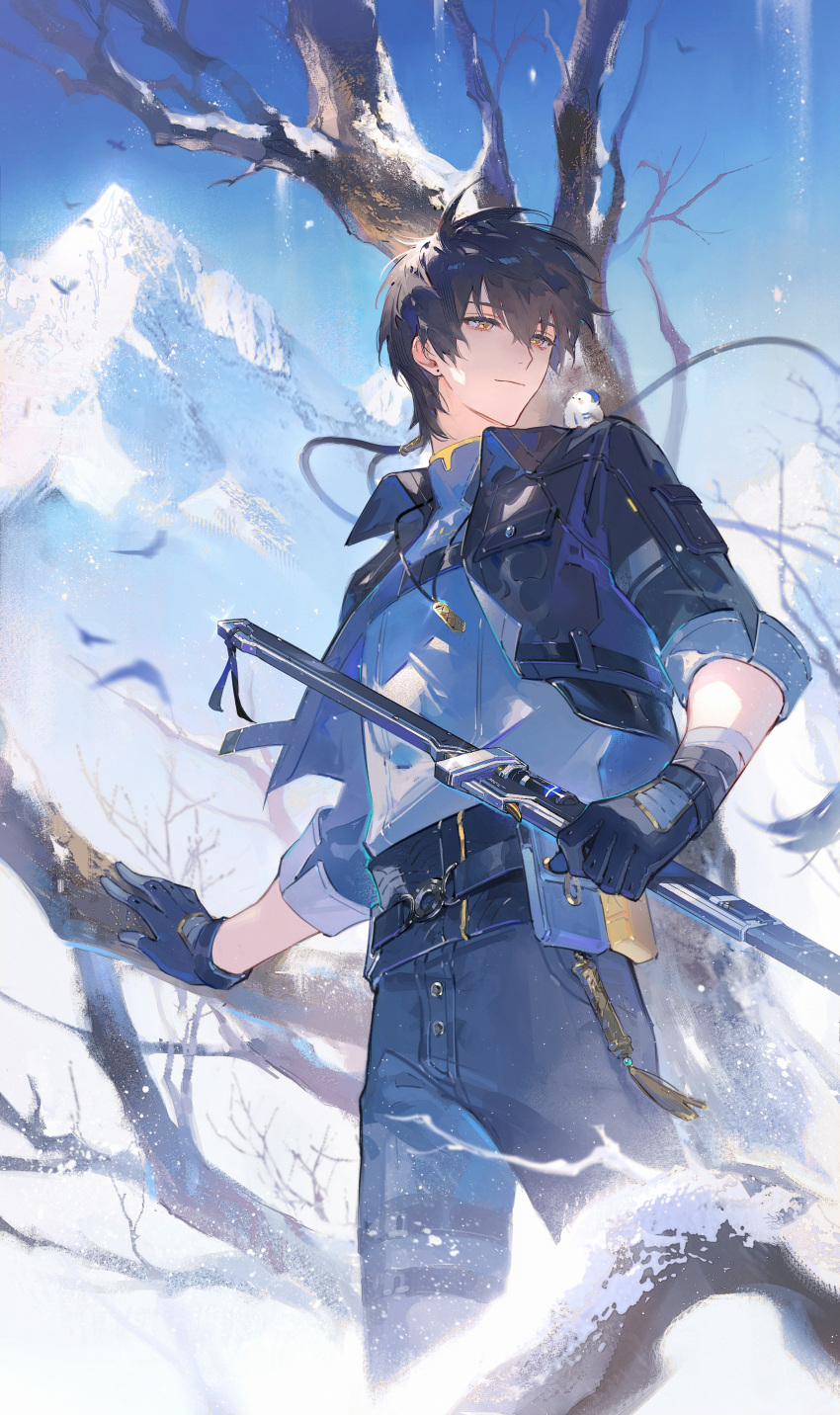 1boy, absurdres, animal, animal_on_shoulder, asymmetrical_legwear, bandaged_arm, bandages, bare_tree