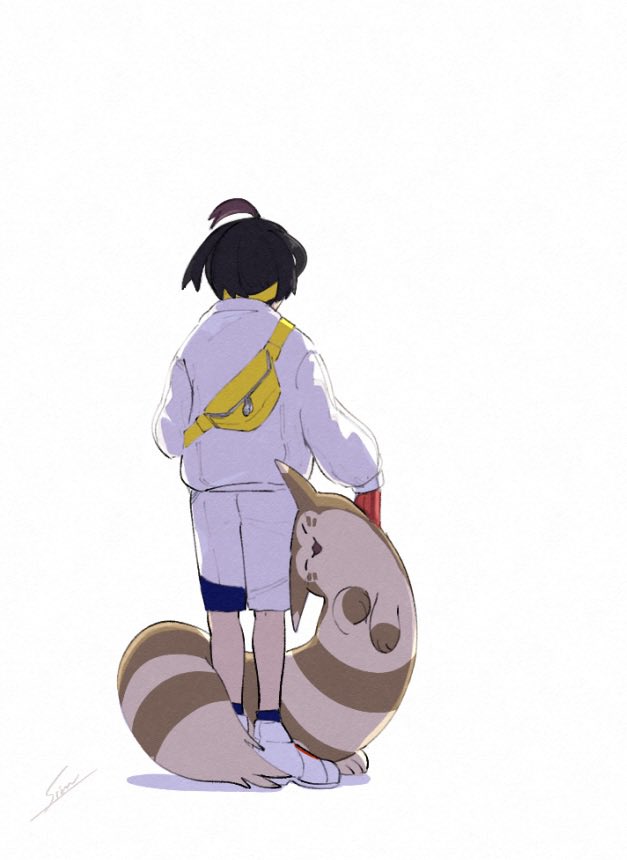 1boy, ahoge, black_hair, brown_fur, closed_eyes, commentary, from_behind, full_body
