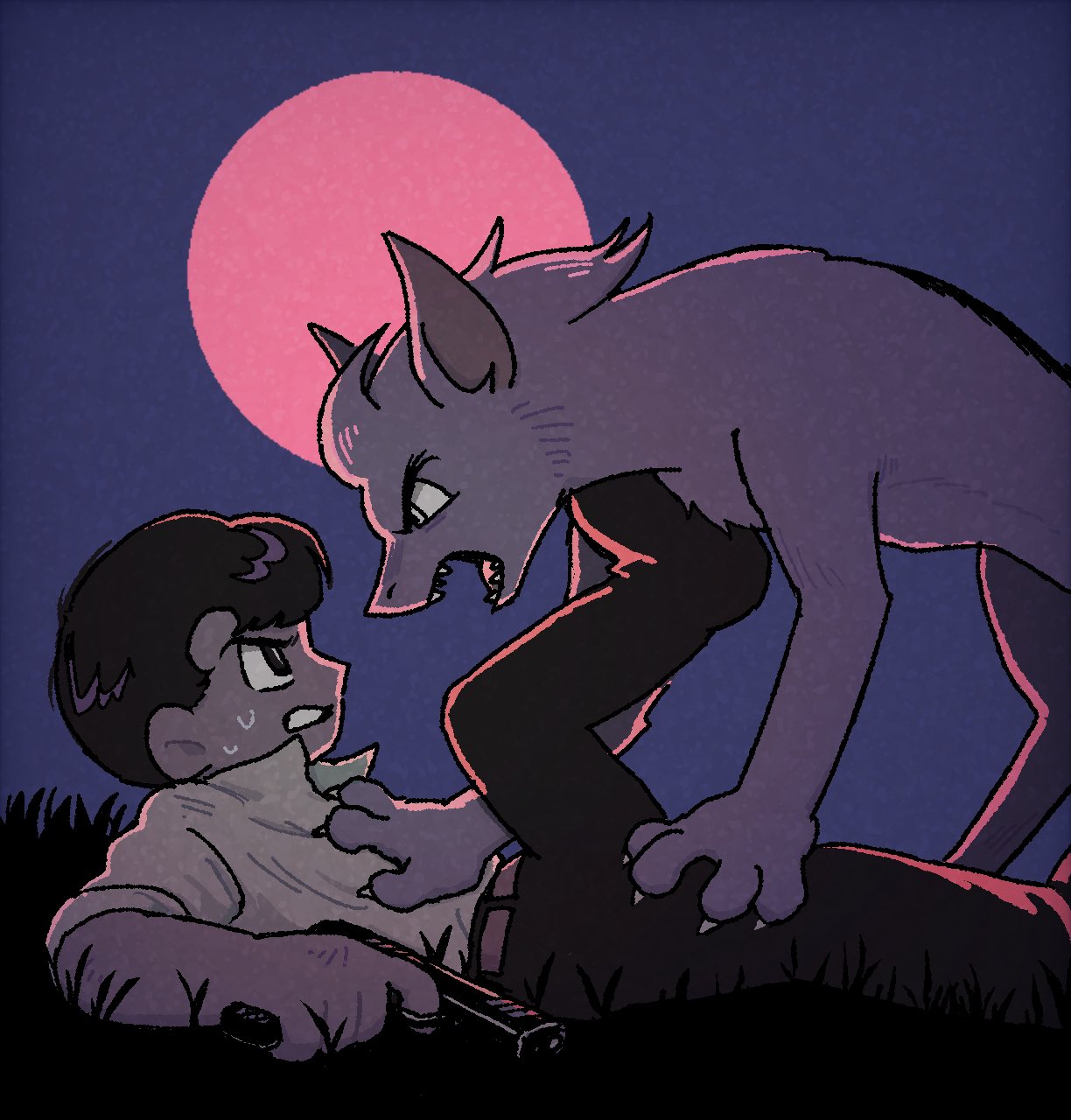 2boys, belt, black_eyes, black_hair, black_pants, claws, commentary, finger_on_trigger