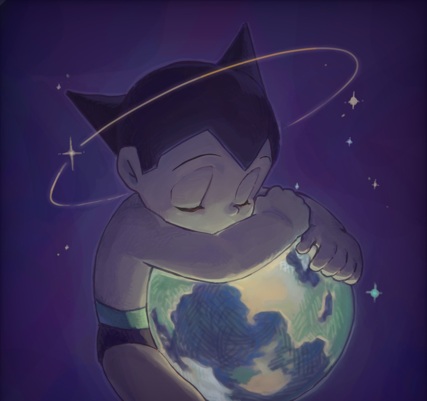 1boy, atom_(tetsuwan_atom), black_hair, closed_eyes, commentary_request, earth_(planet), giant, giant_male, highres, male_focus, marias_(harako), planet, solo, space, star_(sky), tetsuwan_atom