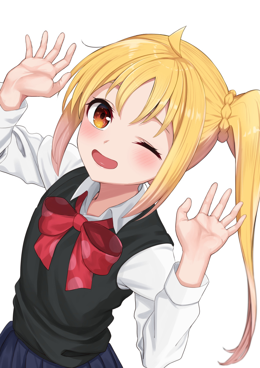 1girl, absurdres, ahoge, black_sweater_vest, blonde_hair, blue_skirt, blush, bocchi_the_rock!