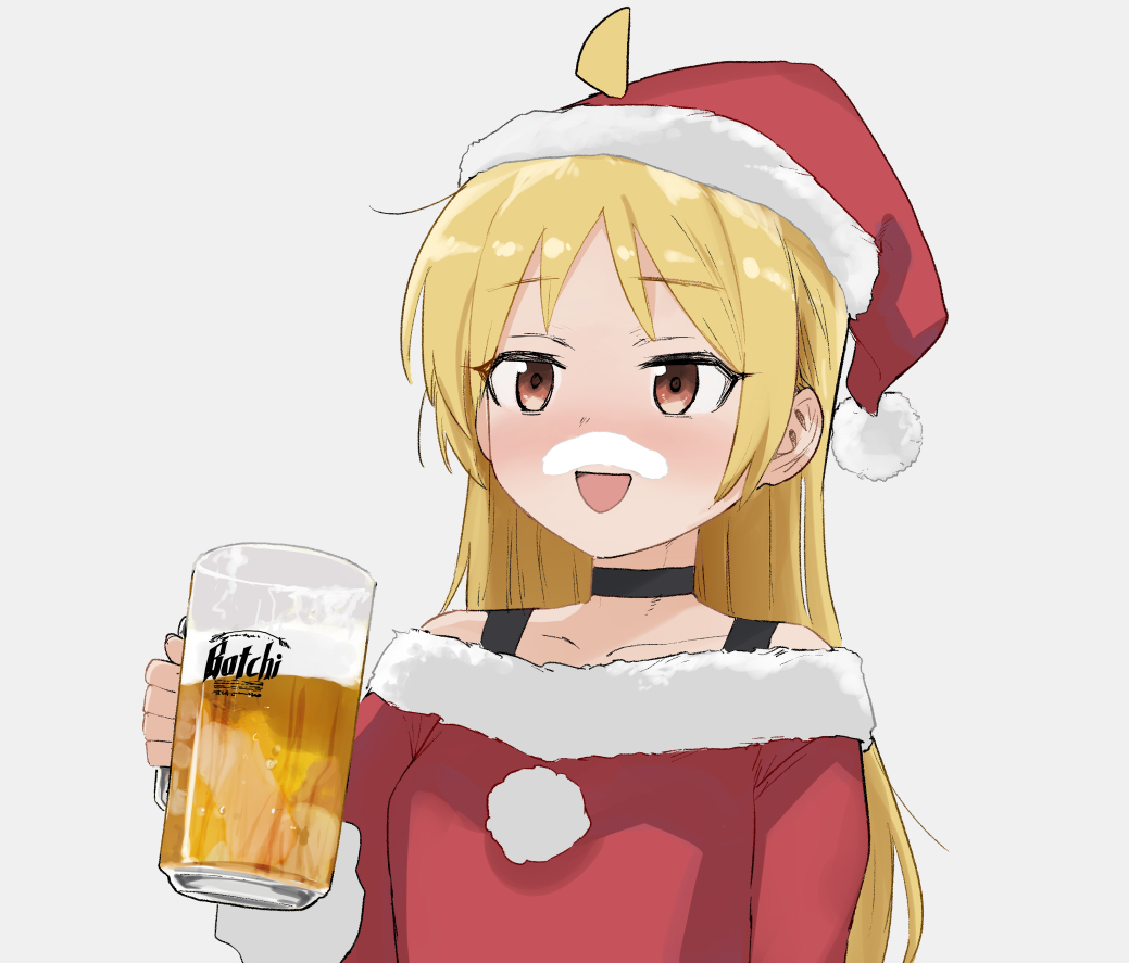 1girl, ahoge, alcohol, beer, beer_mug, blonde_hair, blush, bocchi_the_rock!