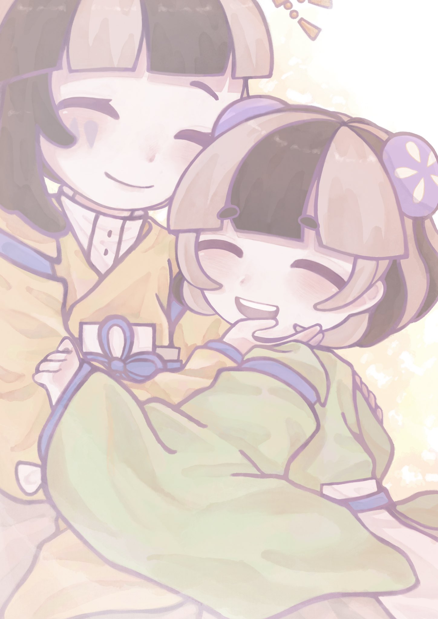 2girls, ^_^, bloom, blunt_bangs, blush, bun_cover, cai_(cabbage_0j0), closed_eyes