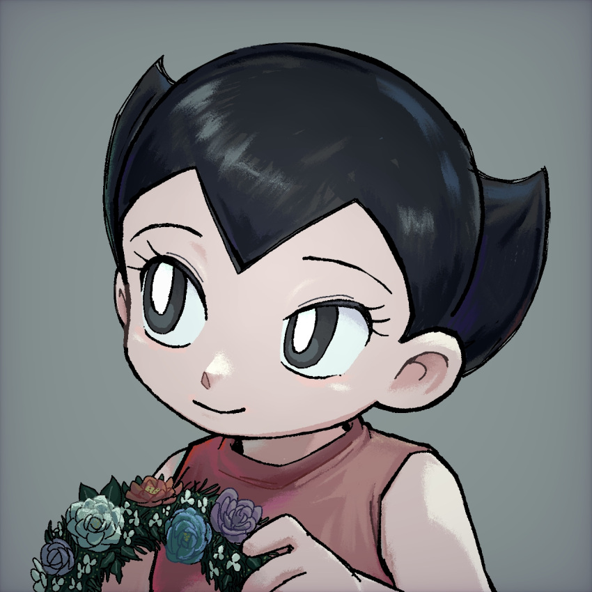 1girl, black_eyes, black_hair, commentary_request, eyelashes, flower, grey_background, head_wreath