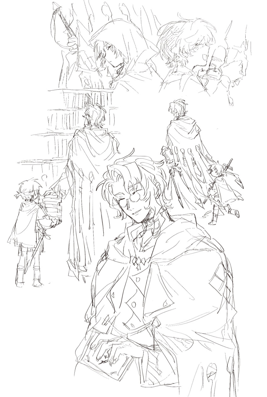 apple, arknights, asak_akni, aulus_(arknights), book, book_stack, bookshelf, cape, child, cloak, food, fruit, highres, hood, sketch, sword, thorns_(arknights), weapon