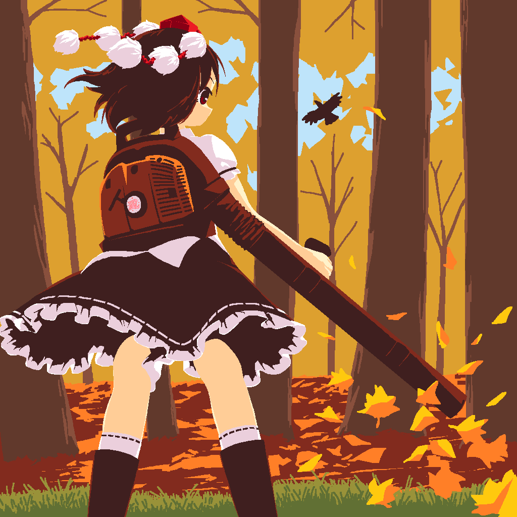 1girl, black_skirt, brown_hair, collared_shirt, frilled_skirt, frills, from_behind, geta, hat, jupiter1390, kneehighs, microsoft_paint_(medium), microsoft_paint_(software), outdoors, pom_pom_(clothes), red_eyes, red_headwear, shameimaru_aya, shirt, skirt, socks, solo, tengu-geta, tokin_hat, touhou, white_shirt