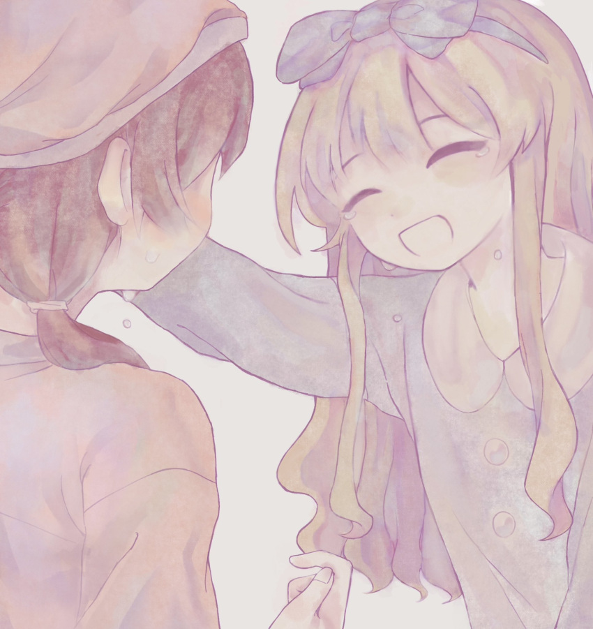 2girls, black_hair, blonde_hair, blue_bow, blue_hairband, blush, bow, cai_(cabbage_0j0), closed_eyes, collared_dress, commentary_request, crying, dress, facing_another, facing_away, from_side, hair_bow, hairband, hand_up, hat, headpat, highres, long_sleeves, multiple_girls, nightcap, outstretched_arm, pajamas, pajamy_(vocaloid), sidelocks, simple_background, smile, upper_body, vocaloid, white_background