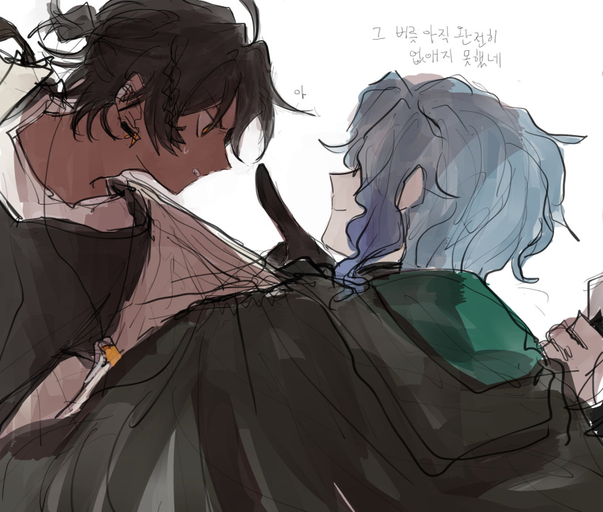 arknights, aulus_(arknights), black_hair, blue_hair, braid, cloak, colored_skin, dark-skinned_male