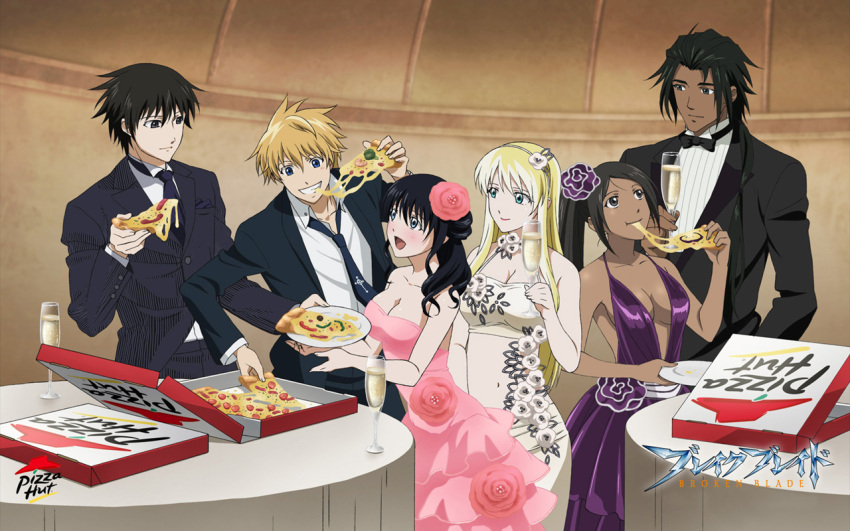 big_breasts, black_hair, blonde_hair, blue_eyes, break_blade, breasts, broken_blade, brown_eyes, brown_hair, dress, evening_dress, flower, food, formal, formal_dress, gown, night_dress, pizza, table, wine