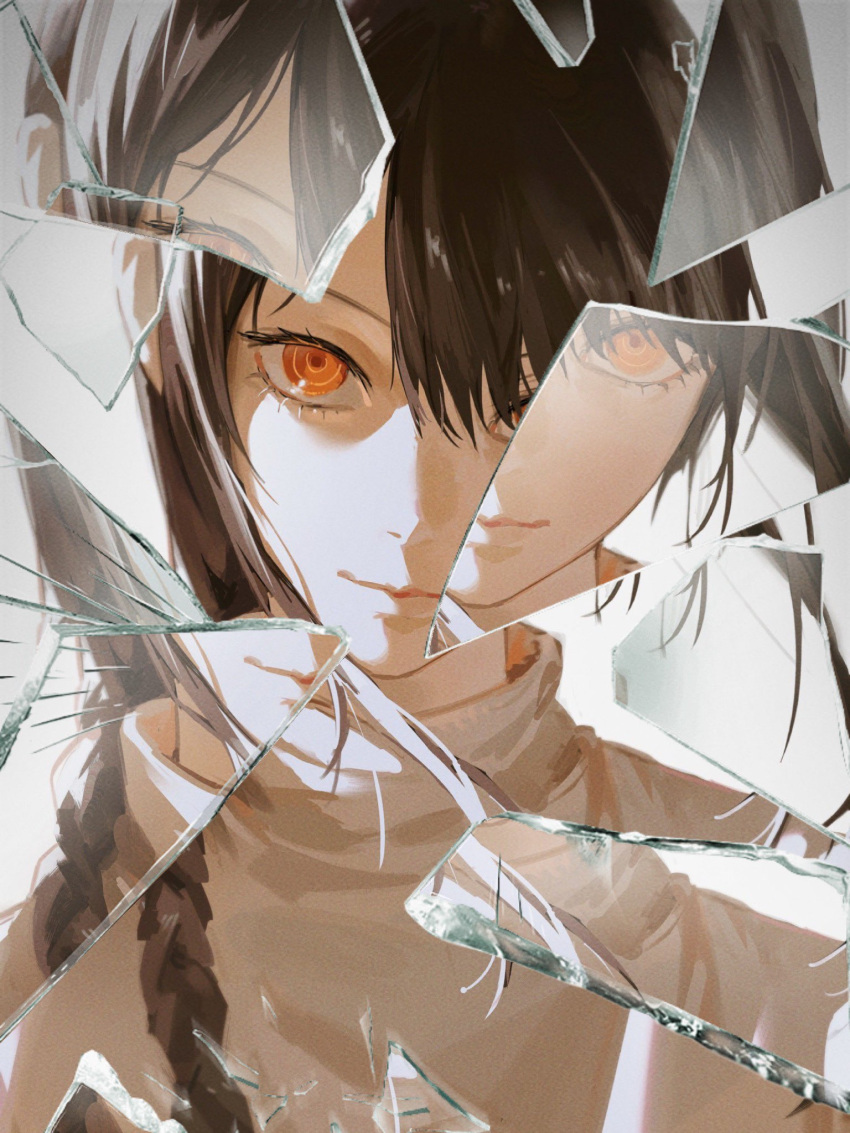 1girl, black_hair, braid, chainsaw_man, closed_mouth, glass, hair_over_one_eye, highres