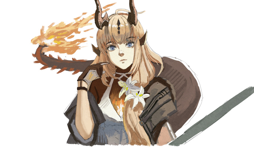 1girl, absurdres, ahoge, arknights, black_gloves, blonde_hair, blue_eyes, bodystocking, dragon_girl, dragon_horns, dragon_tail, dress, flame-tipped_tail, flower, gloves, highres, horns, kookaburrarex, lips, long_hair, long_sleeves, looking_at_viewer, nose, official_alternate_costume, reed_(arknights), reed_the_flame_shadow_(arknights), simple_background, sketch, solo, tail, upper_body, white_background, white_dress, white_flower