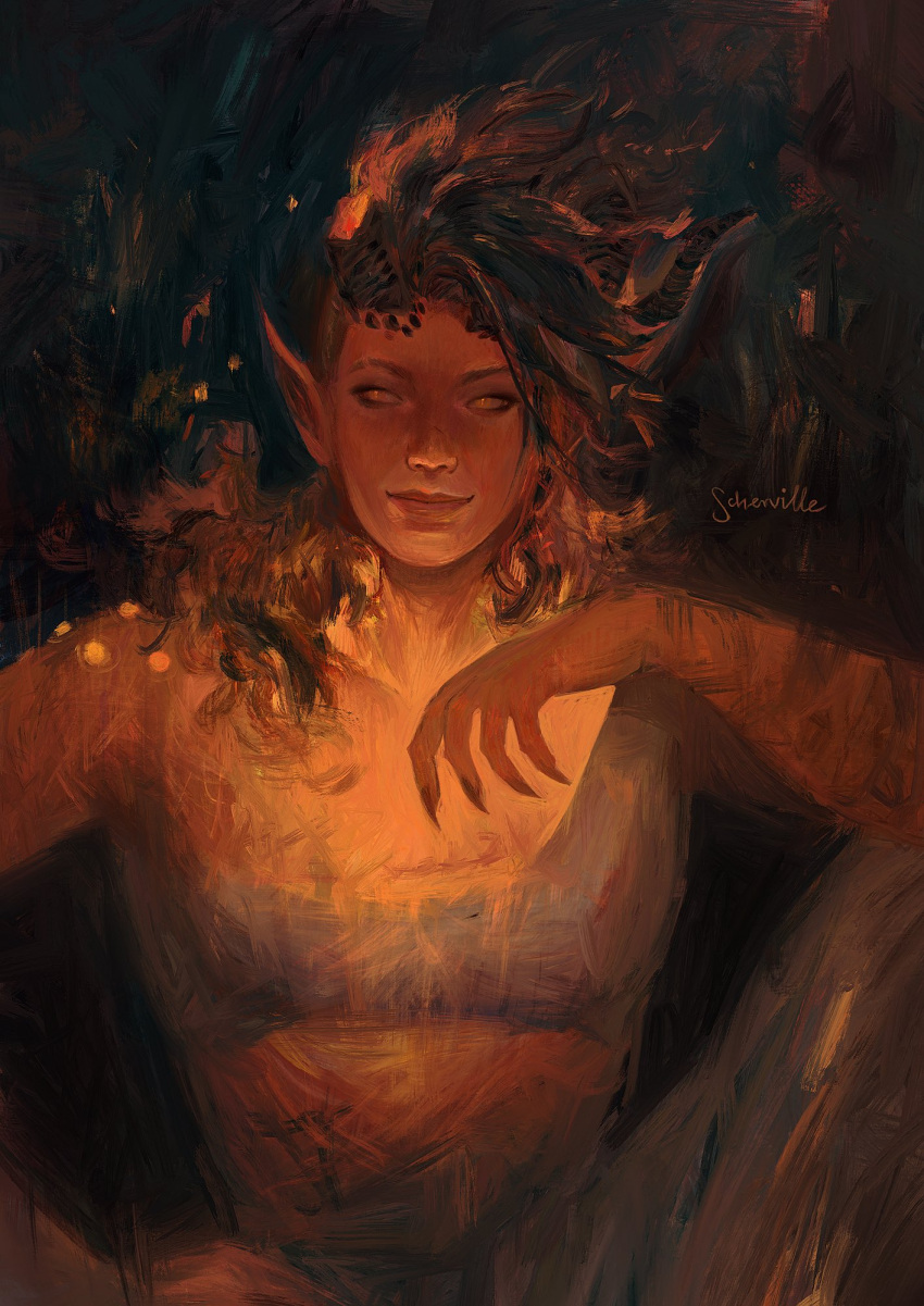 1girl, artist_name, baldur's_gate, baldur's_gate_3, bandeau, black_background, black_bandeau, black_hair, black_nails, broken_horn, colored_skin, commentary, demon_girl, demon_horns, dungeons_and_dragons, elbow_rest, english_commentary, fingernails, glowing, highres, horns, karlach, knee_up, looking_to_the_side, medium_hair, orange_eyes, painterly, pointy_ears, realistic, red_skin, scherville, sharp_fingernails, sideways_glance, signature, sitting, smile, solo, tiefling, upper_body