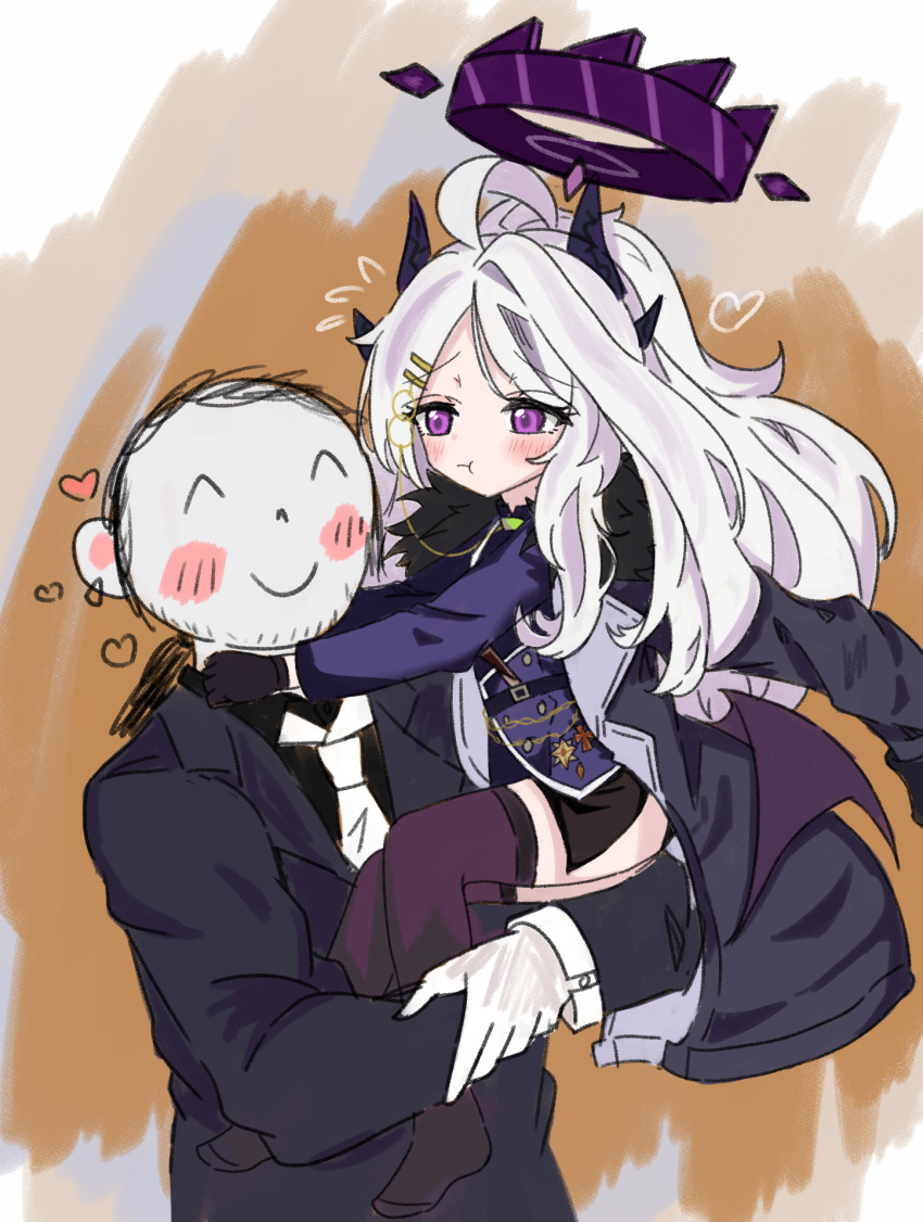 1boy, 1girl, ^_^, ahoge, armband, belt_boots, black_gloves, black_skirt, blue_archive, blush, boots, closed_eyes, closed_mouth, coat, demon_horns, doodle_sensei_(blue_archive), e_v_e_neko, full_body, fur_collar, furrowed_brow, gloves, halo, heart, highres, hina_(blue_archive), horns, knee_boots, long_coat, long_hair, military_uniform, miniskirt, multiple_horns, neckbeard, parted_bangs, pencil_skirt, pout, purple_coat, purple_thighhighs, sensei_(blue_archive), side_slit, skirt, smile, thigh-highs, uniform, upper_body, very_long_hair, violet_eyes, white_hair
