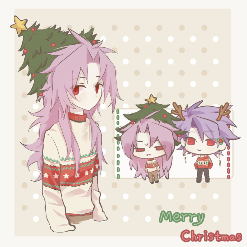 2boys, black_pants, brown_pants, chibi, chinese_commentary, christmas, christmas_sweater, christmas_tree_hat
