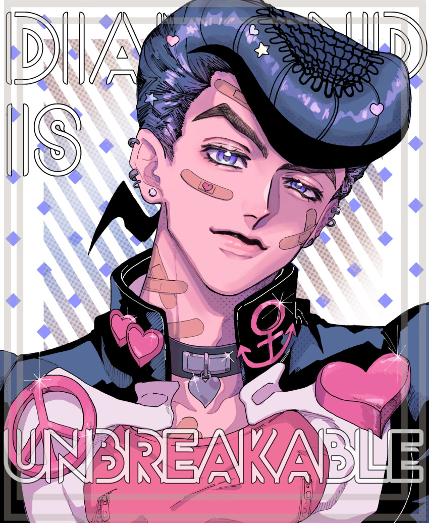 1boy, 99g_q, bandages, choker, closed_mouth, diamond_wa_kudakenai, dotted_background, ear_piercing