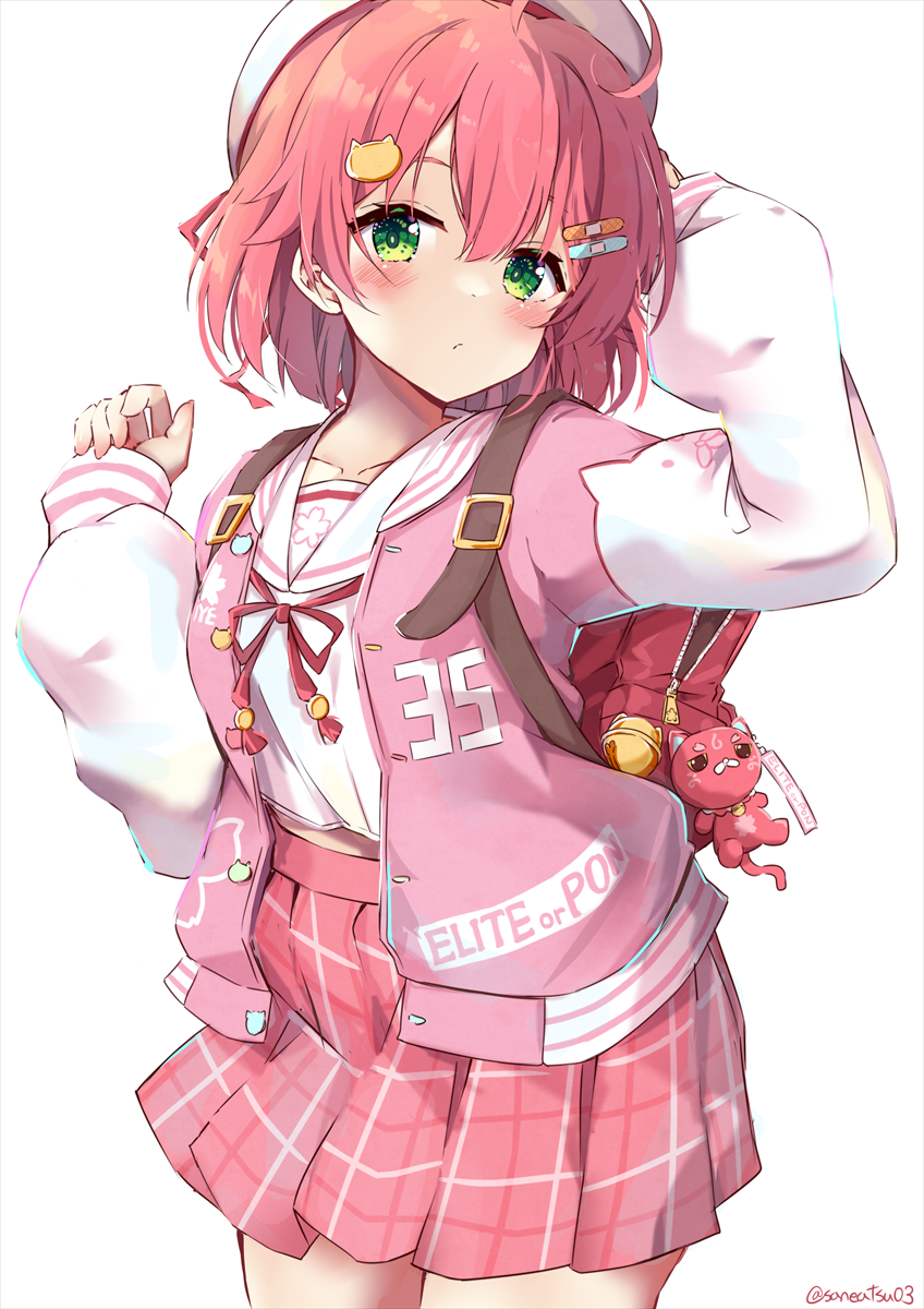 1girl, ahoge, backpack, bag, bandaid, bandaid_hair_ornament, bell, blush