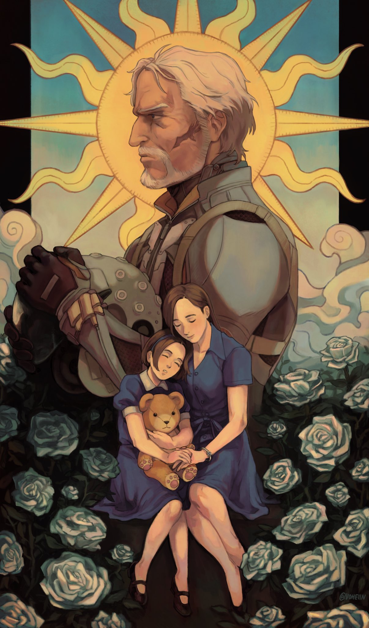 1boy, 2girls, ace_combat, ace_combat_7, alma_a_shilage, beard, blue_dress, blue_hairband, brown_footwear, brown_hair, closed_eyes, dress, facial_hair, flower, gloves, grandfather_and_granddaughter, grey_hair, hairband, head_on_another's_shoulder, highres, holding_hands, ionela_a_shilage, legs, long_hair, mihaly_a_shilage, multiple_girls, old, old_man, painting_(medium), parted_lips, pilot, pilot_helmet, pilot_suit, profile, rose, scar, shoes, short_hair, siblings, sisters, sitting, stuffed_animal, stuffed_toy, sun, teddy_bear, traditional_media, voheiin, white_flower, white_rose, wristlet